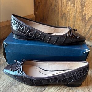 Cole Haan Croc-Embossed Pointed Toe Ballet Flats in Dark Brown